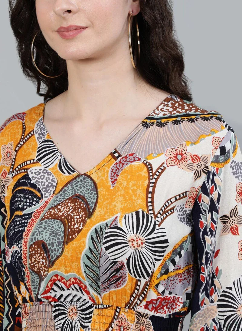 آي شين Women's Multicoloured Rayon Embellished Midi Shirt Straight Fit Dress
